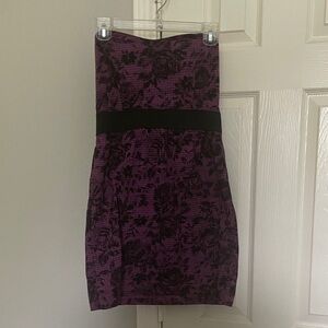 Purple Floral Strapless Dress with Black Waistband